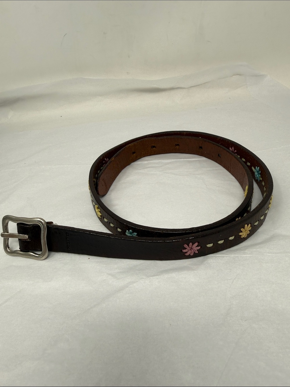 Dockers Brown Leather Floral Embroidered Belt Vintage Boho Western Coastal